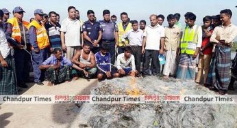 হাইমচরে ২০ হাজার মিটার জাল ও ১শ’ ৩০ কেজি ইলিশ জব্দ, আটক ৪