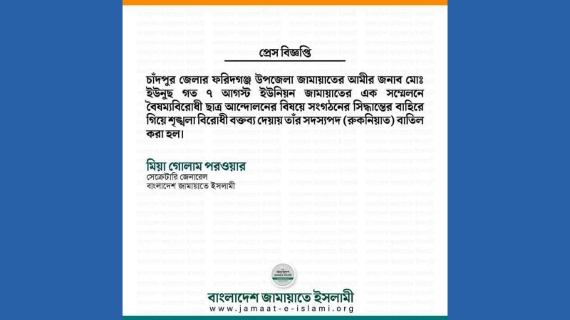 ছাত্রদের বিরুদ্ধে কথা বলে পদ হারালেন ফরিদগঞ্জের জামায়াত আমির