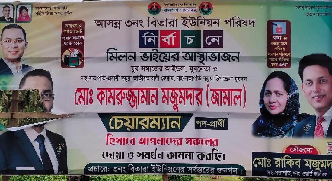 বিতারা ইউনিয়ন চেয়ারম্যান প্রার্থী টানানো ব্যানার ছিঁড়ে ফেলেছে দুর্বৃত্তরা